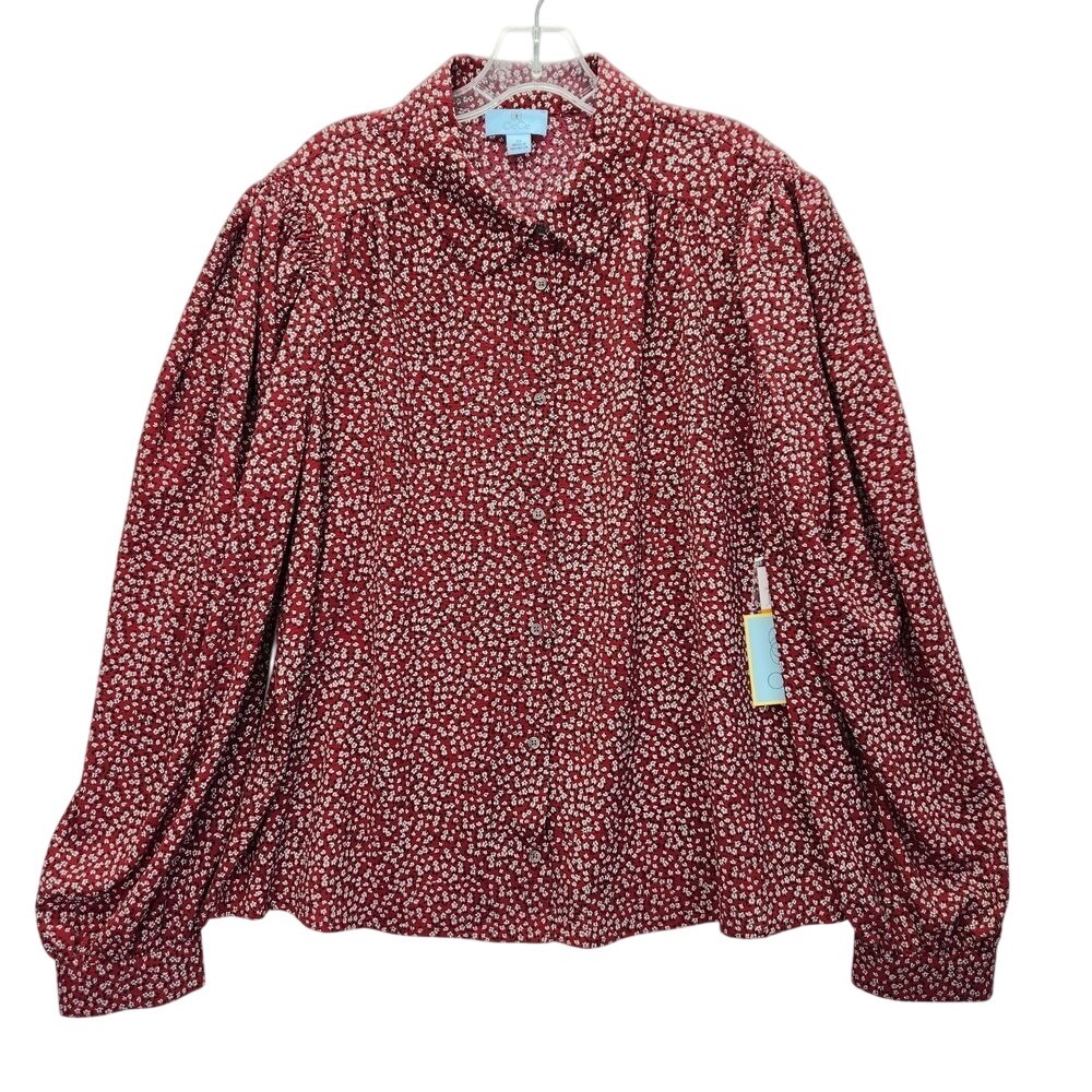 CeCe‎ Blouse Womens 3X Plus Autumn Hues Mulberry Red Floral Button Down Office